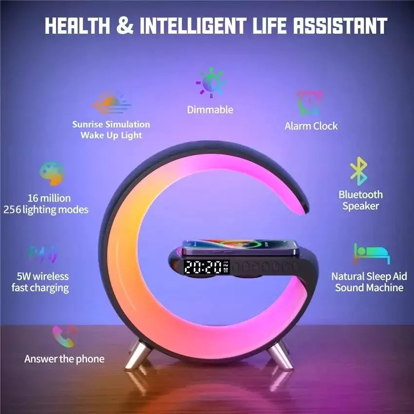 G Shape Google LED Wireless Charging  RGB Bluetooth Speaker Clock and Rechargeable Table  Lamp(All in one Machine)