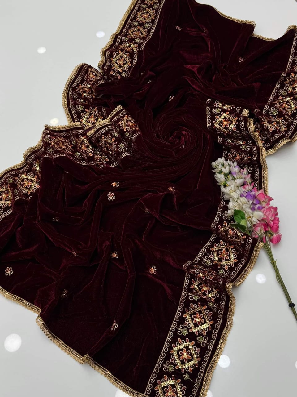 *Velvet Shawls Arrival 🥰*

*Stuff* Velvet Best Quality 👌 

- 2.5 Yard Full size Pure Fine Quality Velvet Shawl For Winters 😍
- Beautiful Lase Borders 4 Sided & 2 Sided 3MM multi Embdroided Borders & All over Booti Design