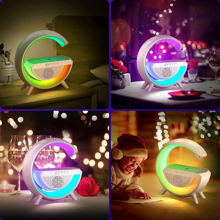 G Shape Google LED Wireless Charging  RGB Bluetooth Speaker Clock and Rechargeable Table  Lamp(All in one Machine)